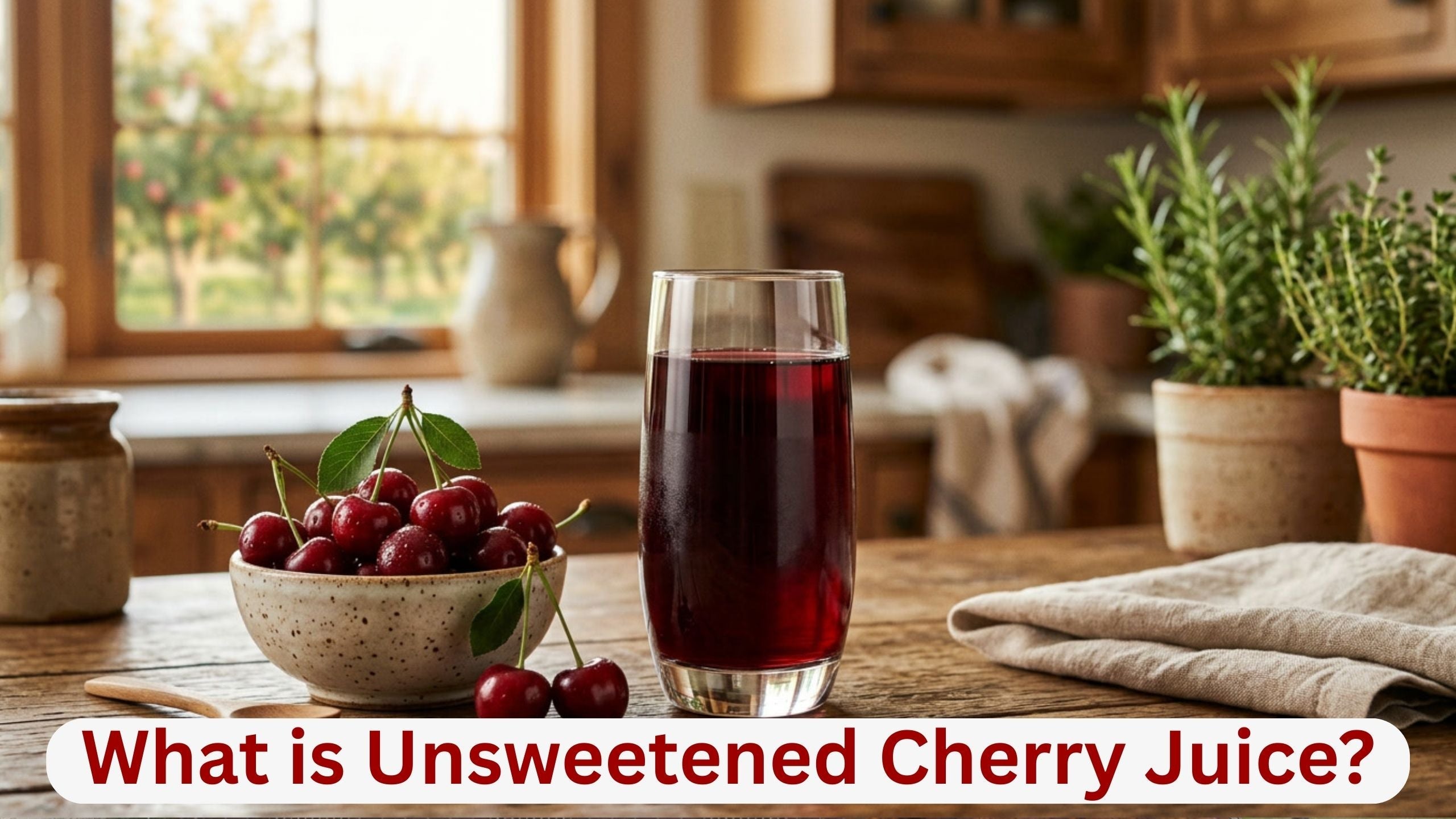 Glass of unsweetened cherry juice with fresh cherries on a table