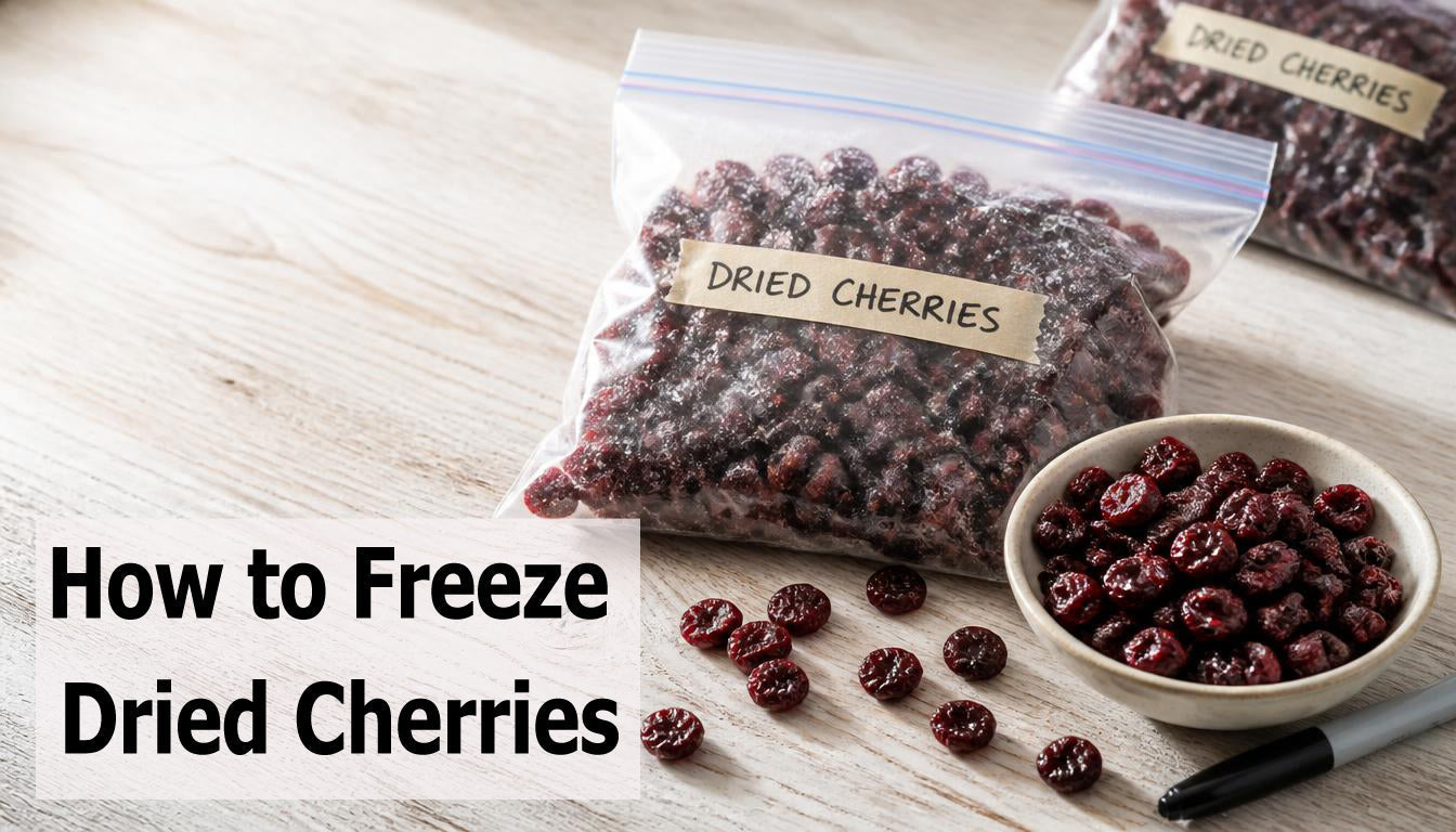 Dried cherries in a bag. Frozen with a bowl of dried cherries next to the bag.