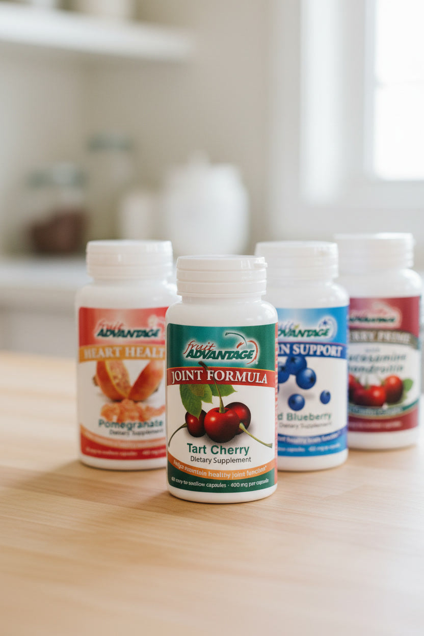 Fruit Advantage Fruit Supplements Four Bottles Cherry Capsules, blueberry capsules, pomegranate and cherry prime