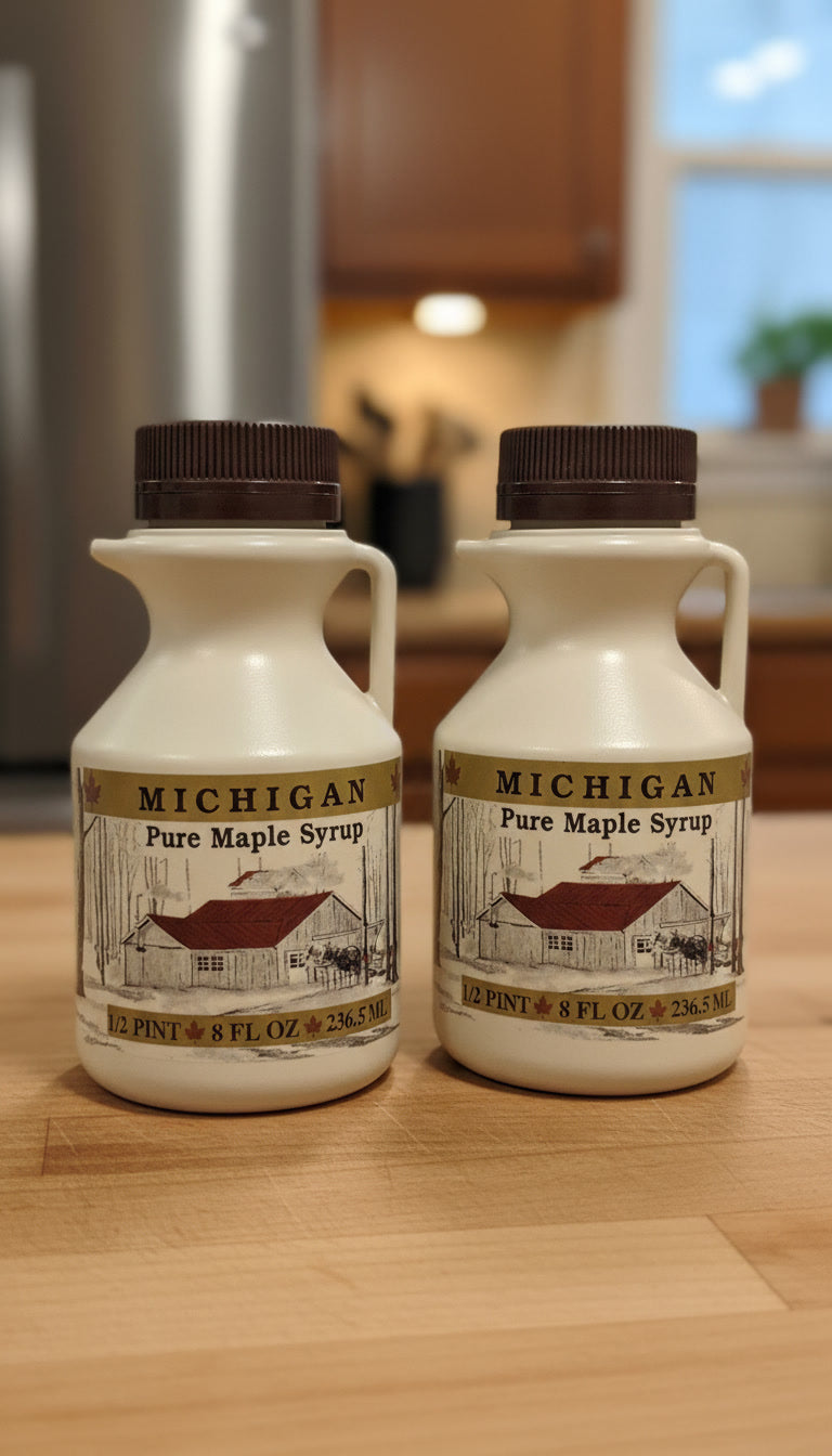 Traverse Bay Farms Michigan Maple Syrup two bottle on the counter