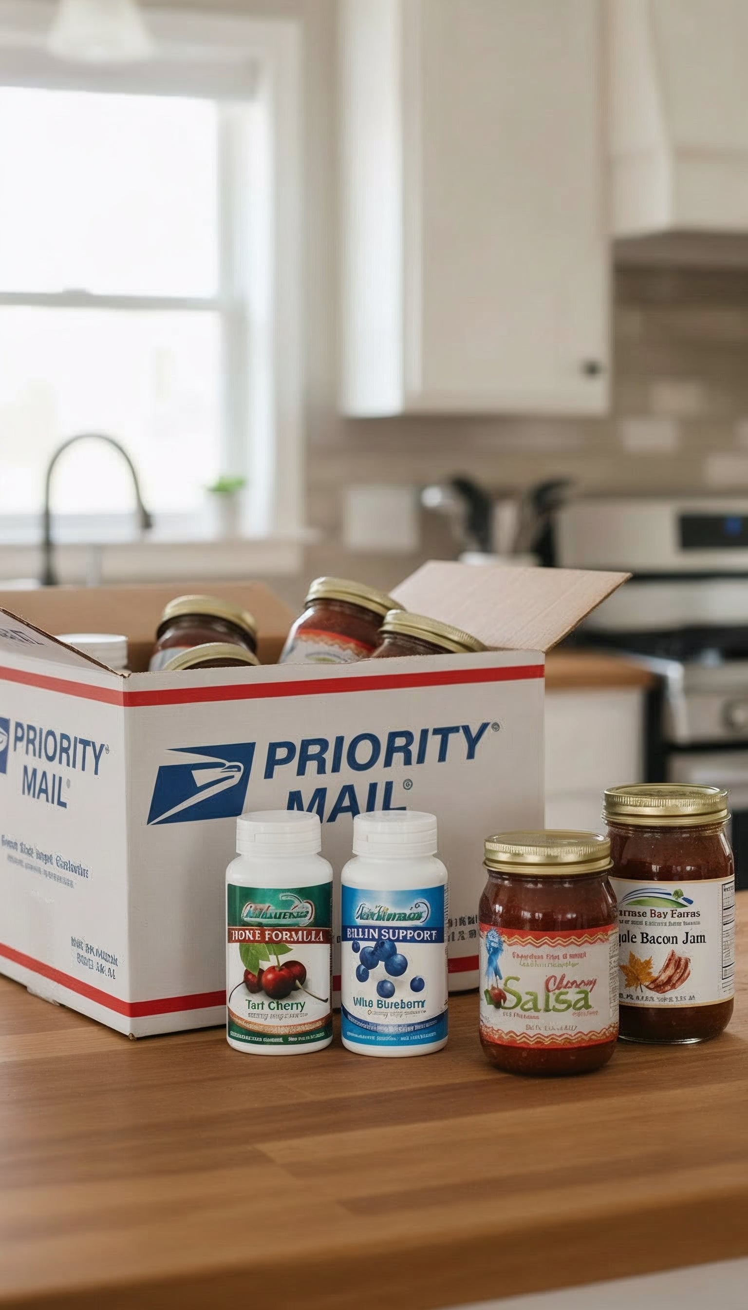 Priority mail box on a counter top with fruit advantage cherry capsules, wild blueberry, cherry salsa and maple bacon jam in a kitchen setting.