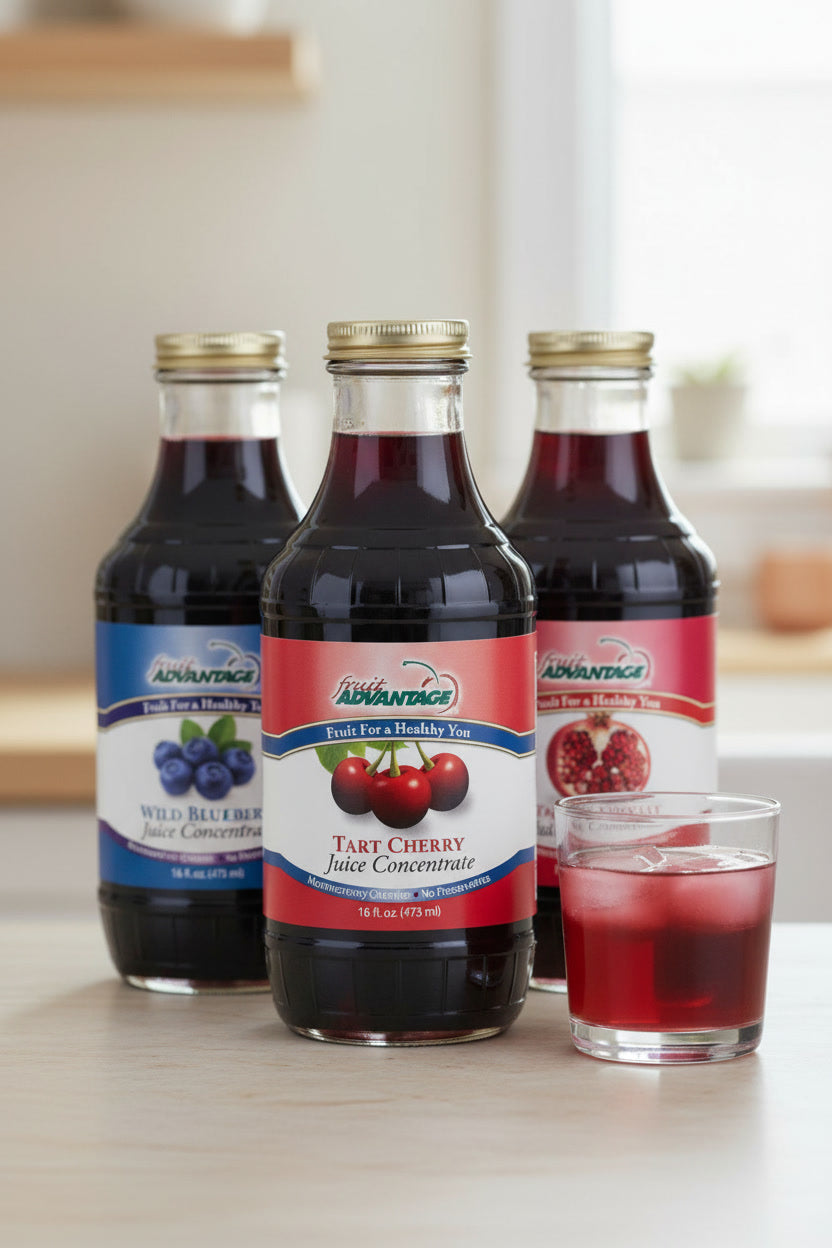 Three bottles of Traverse Bay Farms Fruit Juice Concentrate, Cherry, Blueberry and Pomegranate