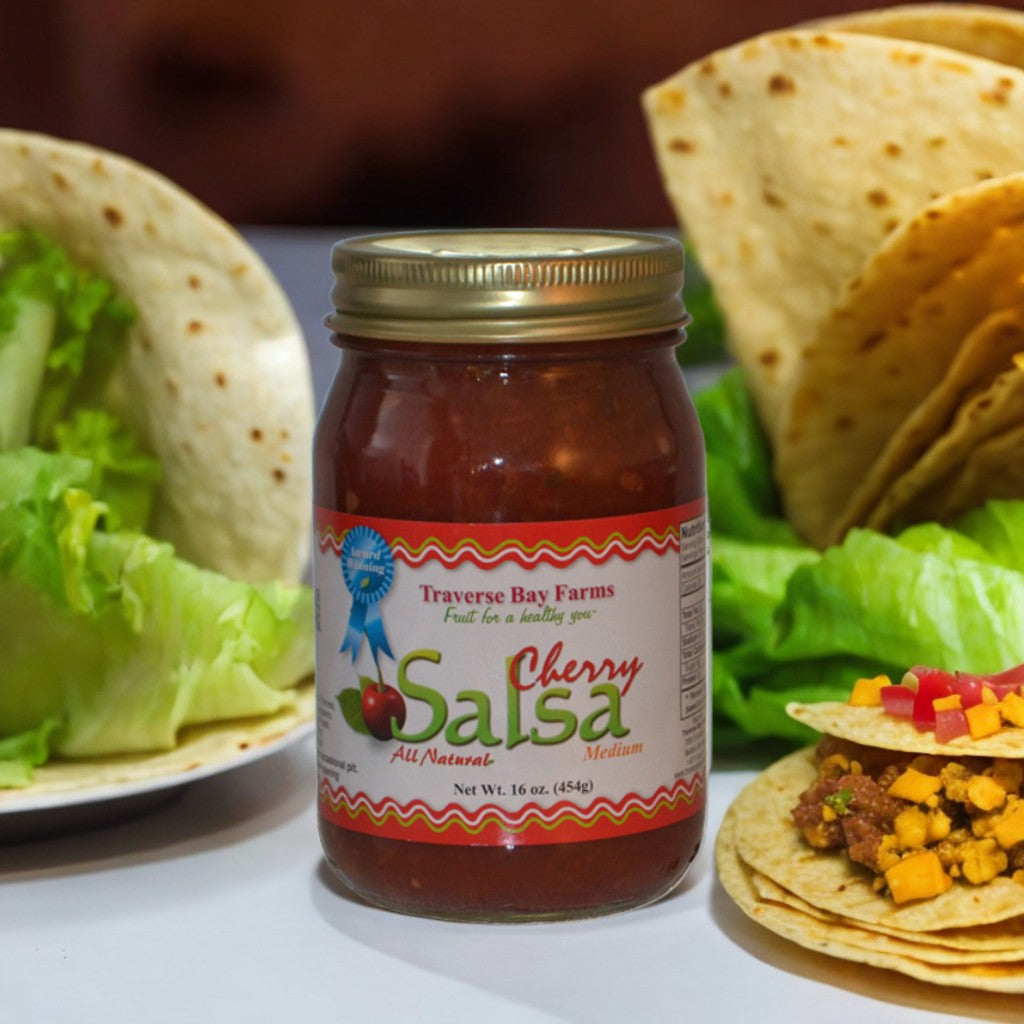 Traverse Bay Farms Award-Winning Cherry Salsa. Winner of 38+ national food awards, made with Michigan-grown cherries and gourmet spices.