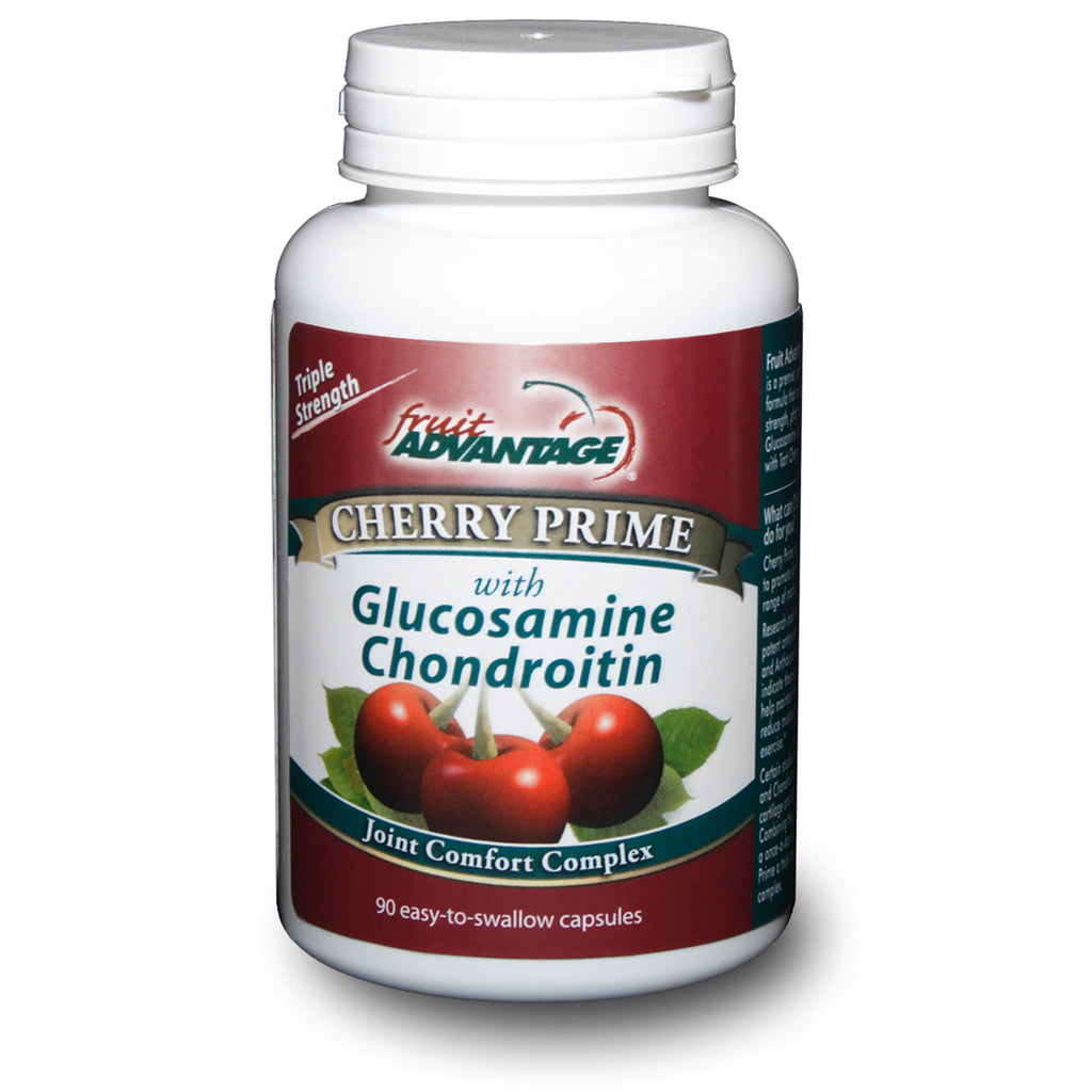 Bottle of Fruit Advantage Cherry Prime supplement with Glucosamine Chondroitin on a white background