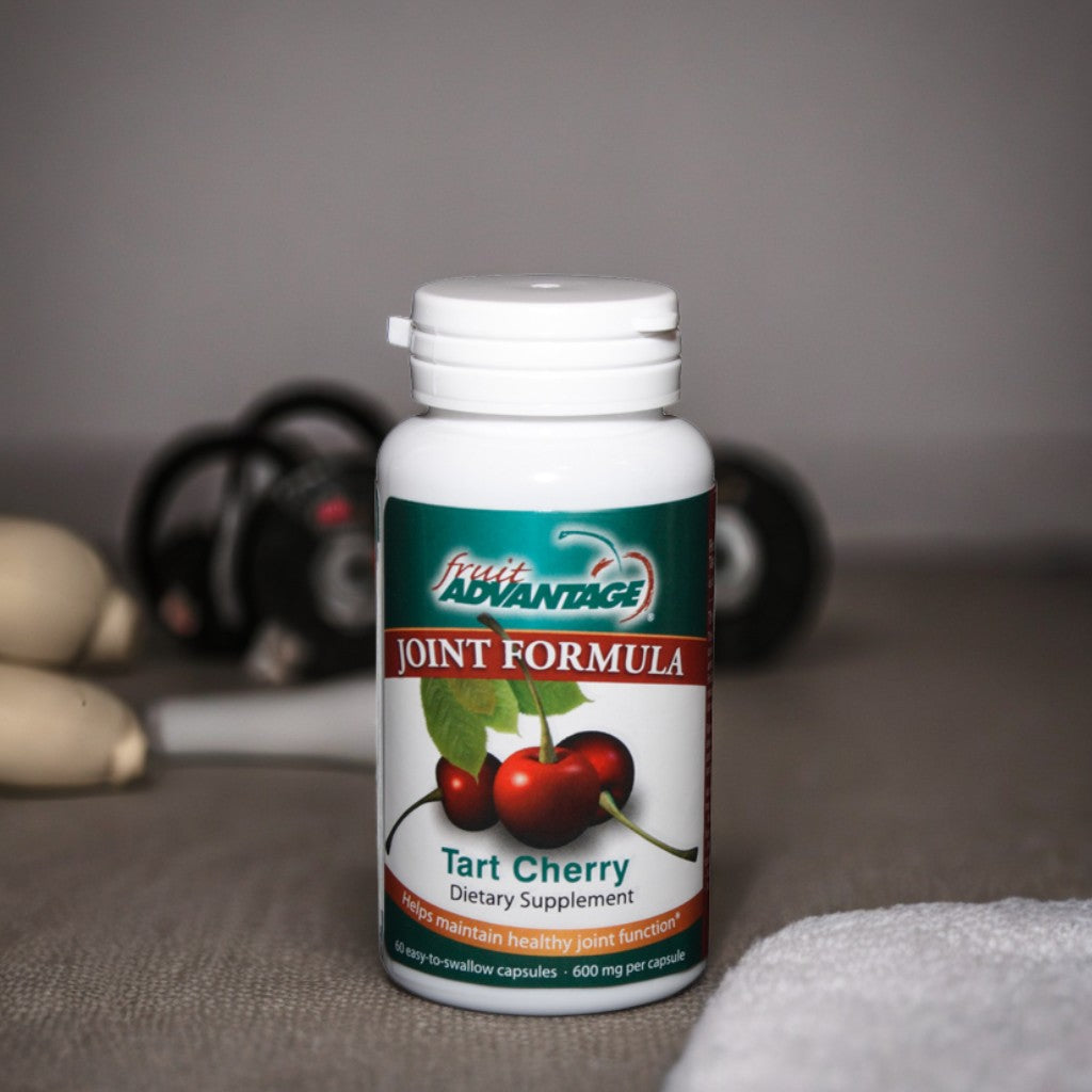 Fruit Advantage Tart Cherry Joint Formula Capsules. 1200mg daily maximum strength for joint support and muscle recovery. 60-count bottle, vegan-friendly.