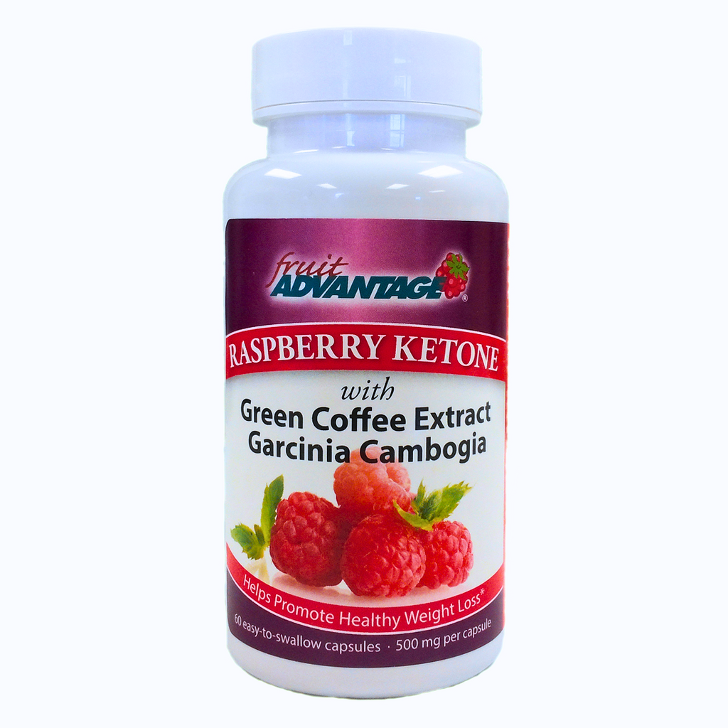 Bottle of Raspberry Ketone with Green Coffee Extract and Garcinia Cambogia on a white background