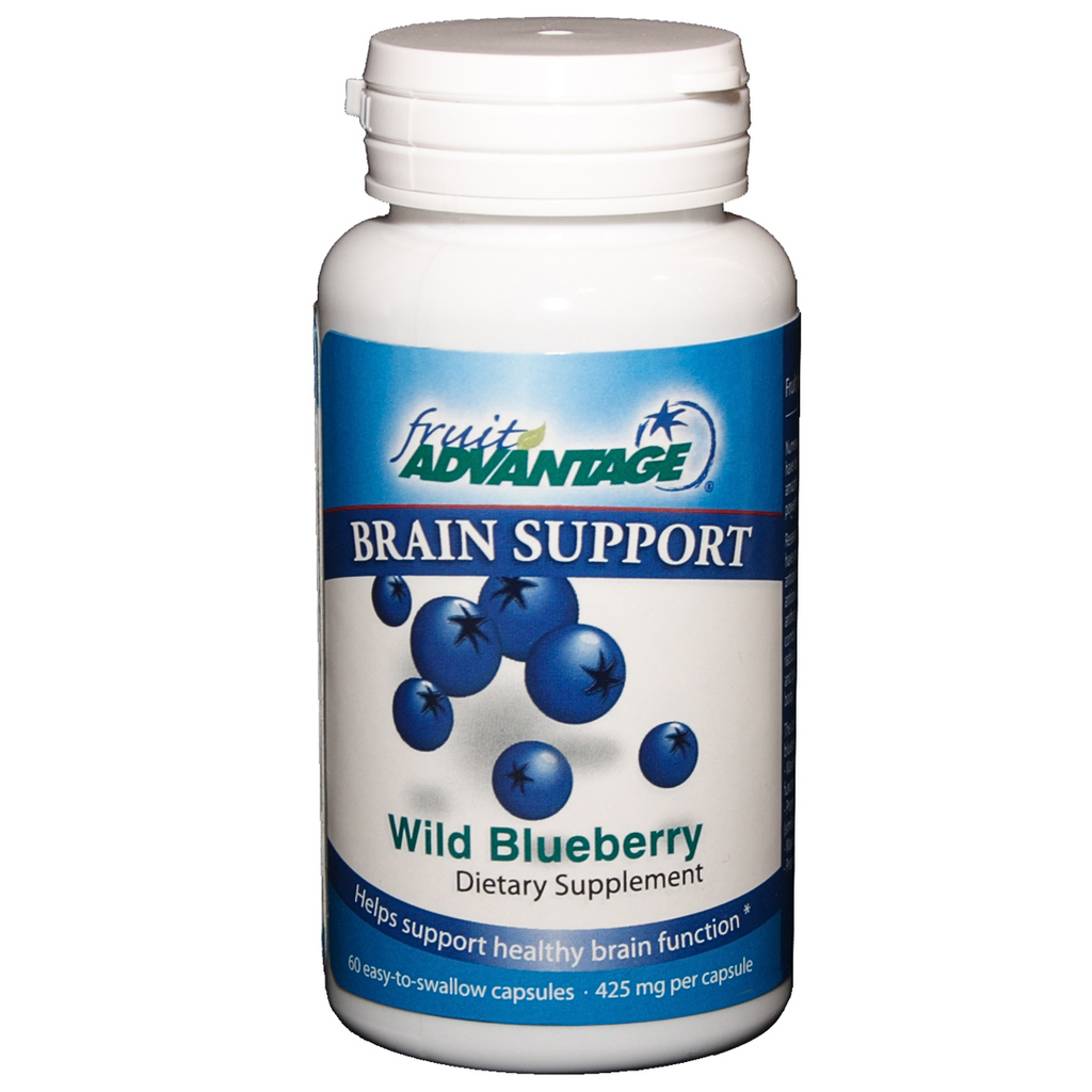 Supplement bottle labeled 'Brain Support' with blueberries on a white background