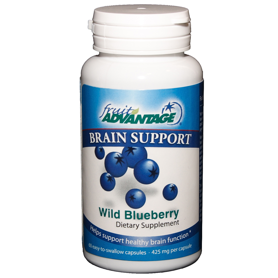Supplement bottle labeled 'Brain Support' with blueberries on a white background