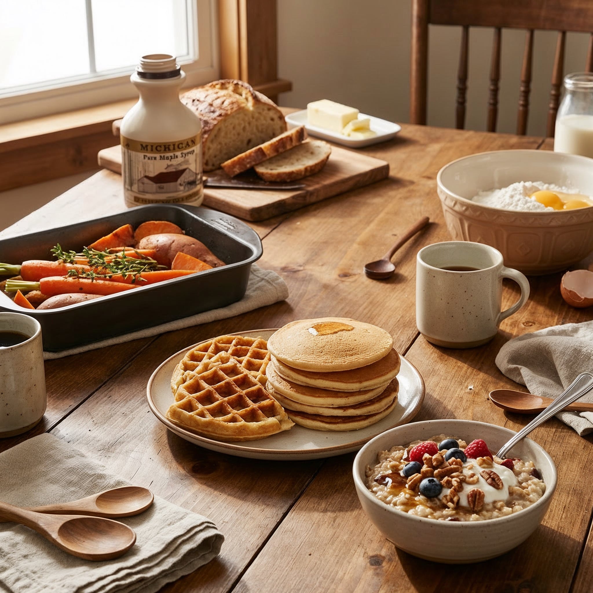 100% Pure Michigan Maple Syrup. Harvested from local Michigan maple trees, Grade A amber syrup for gourmet breakfasts.