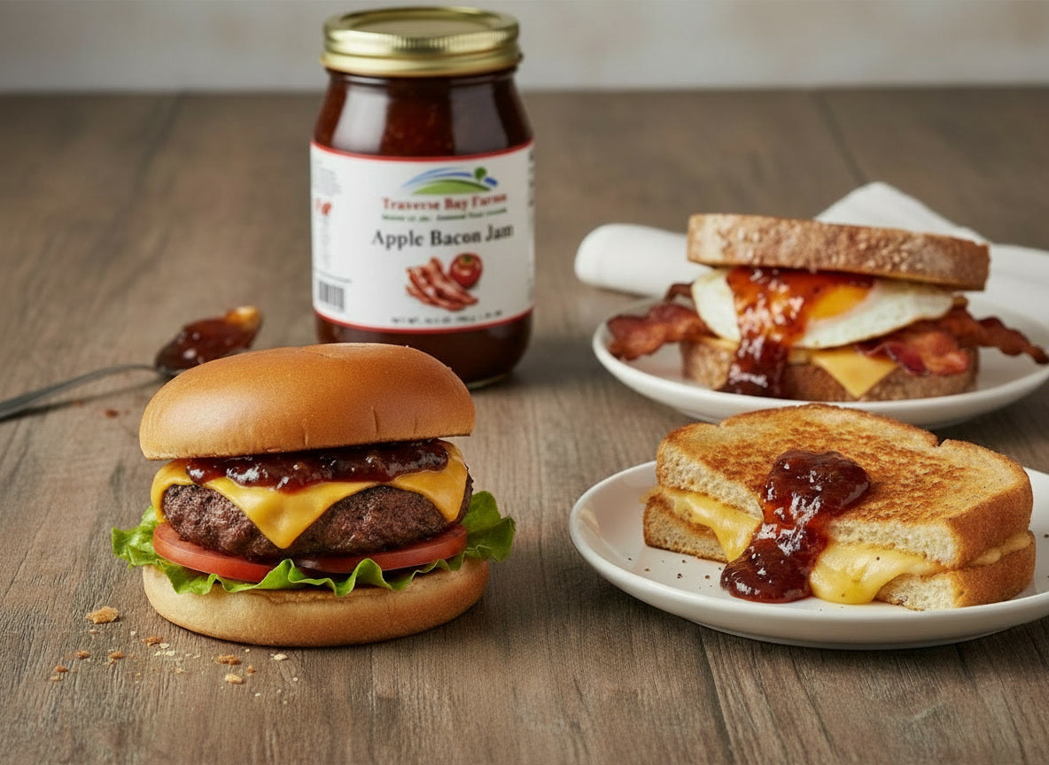Burger, grilled cheese sandwich, and jar of traverse bay farms apple bacon jam on a wooden table.