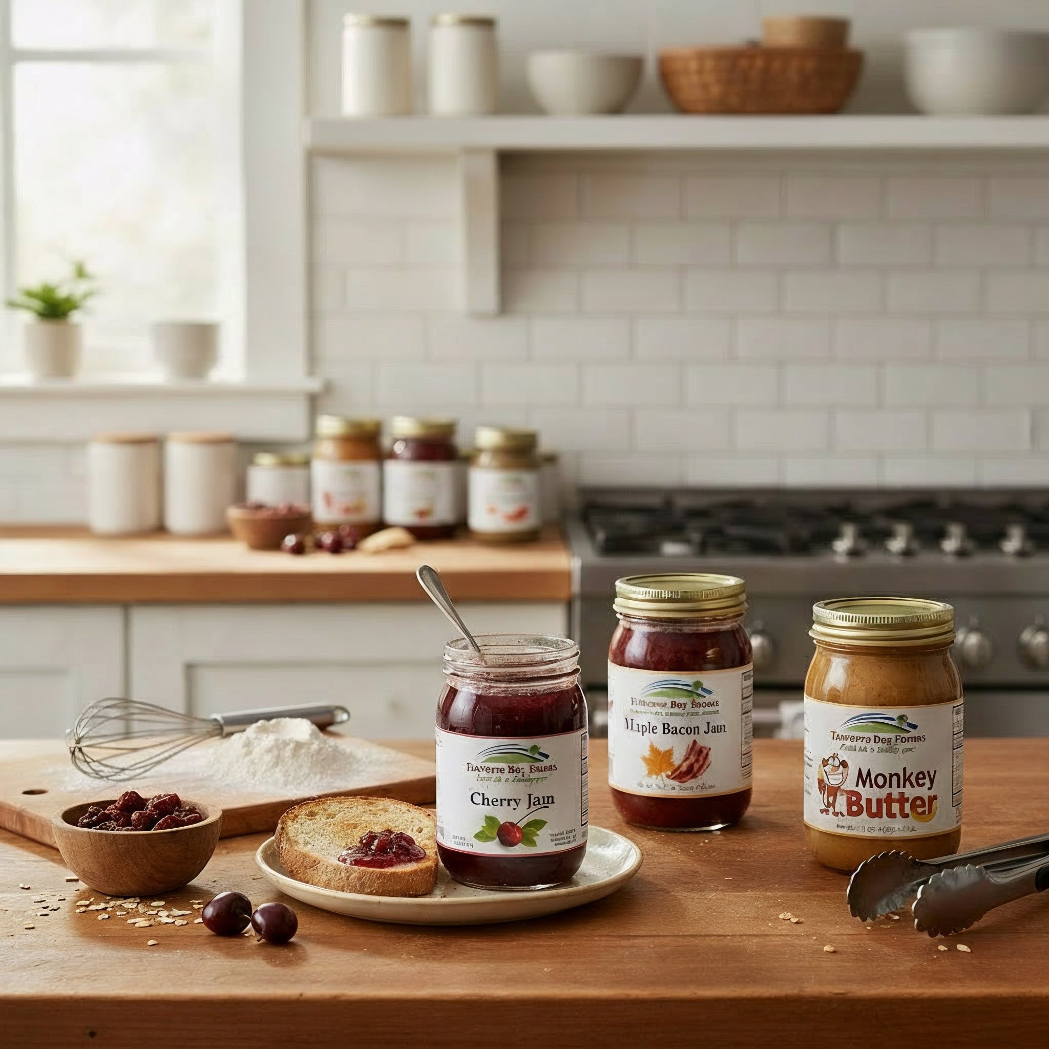 Traverse Bay Farms  Bottle of cherry juice, Maple Bacon Jam and Monkey butter on a counter top. Toast with cherry jam, dried cherries in a bowl. Blurry background