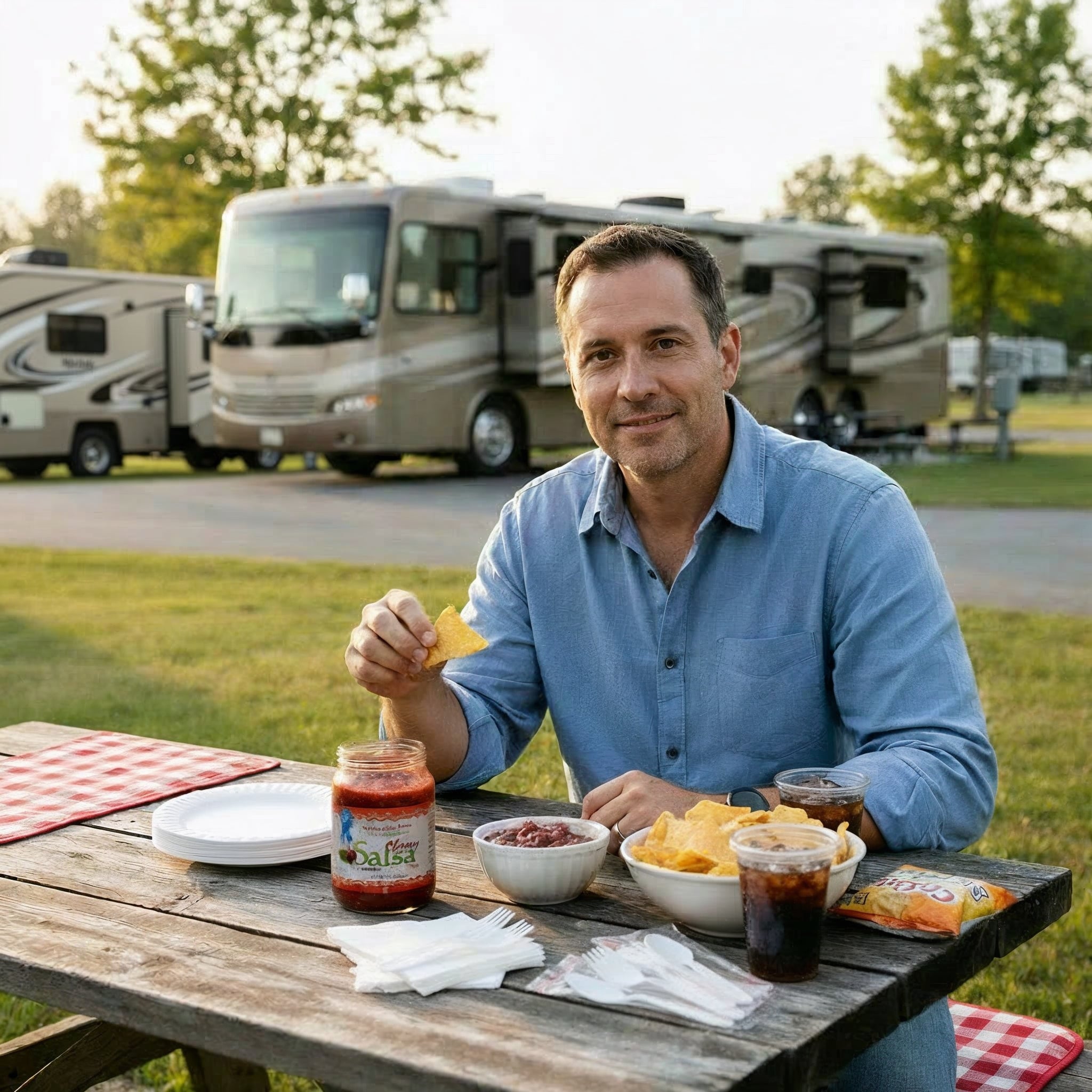 Man sitting at a picnic table with traverse bay farms cherry salsa, food and drinks, RVs in the background