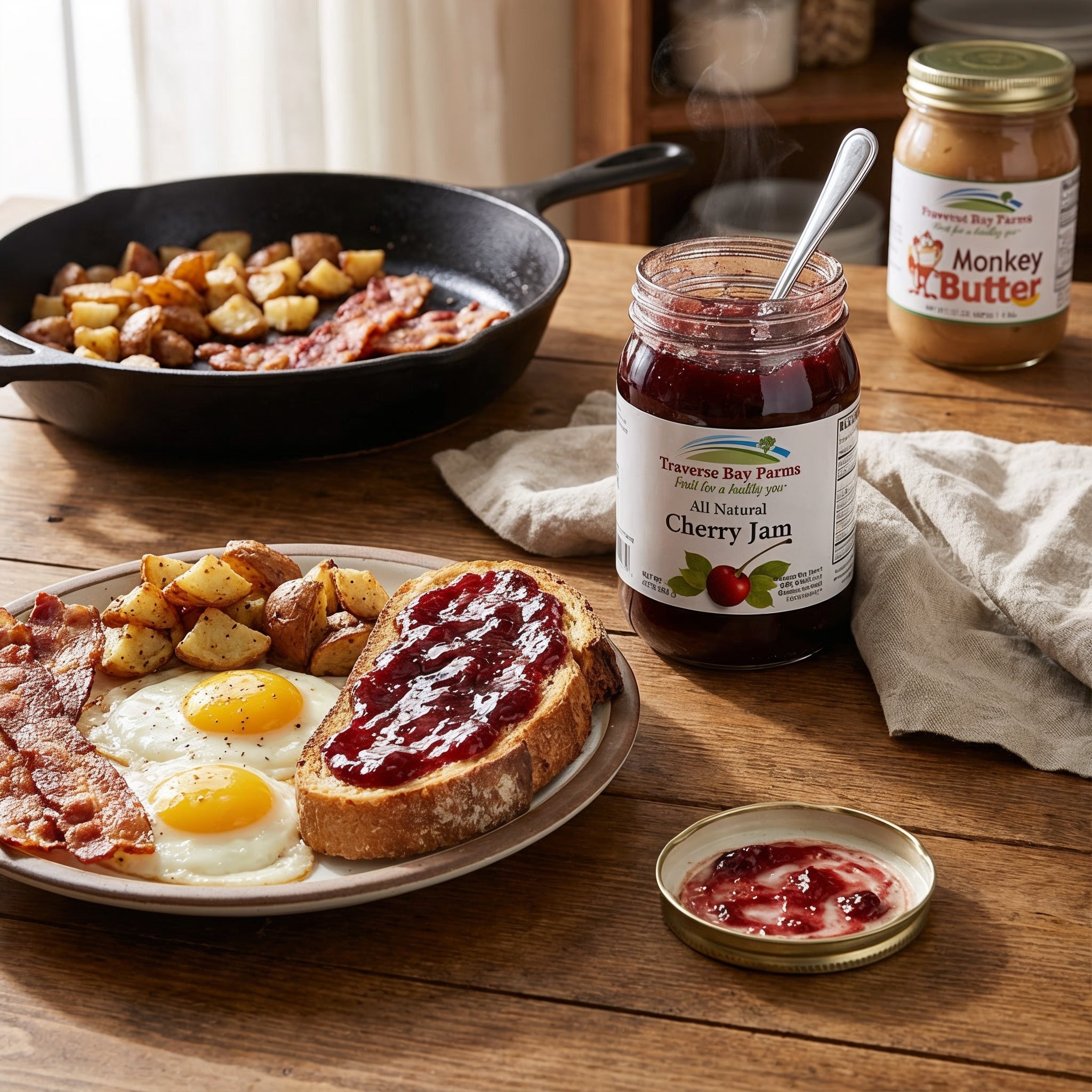 Old-fashioned Michigan Fruit Butters and Jams by Traverse Bay Farms. Traditional recipes using harvest-fresh cherries, strawberries, and apples.