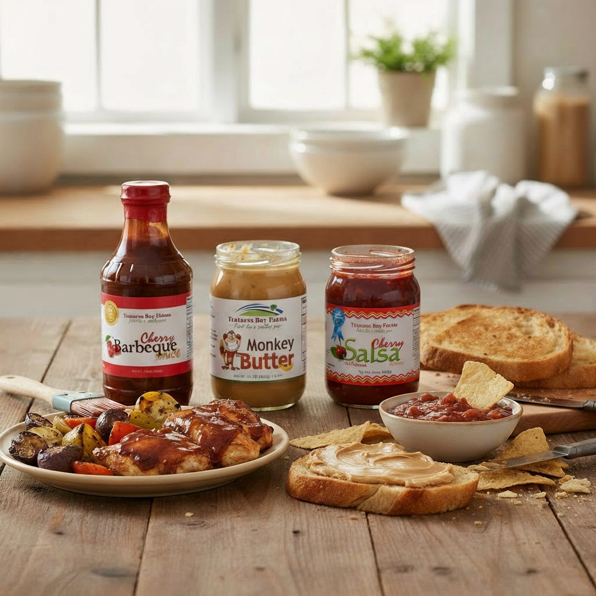 Three jars of traverse bay farms products including cherry barbeque sauce, monkey butter and cherry cherry on a wooden table with food items.