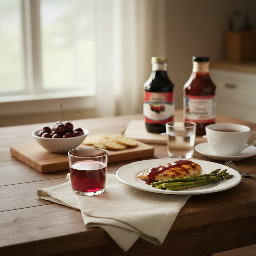 Evening relaxation routine featuring Traverse Bay Farms tart cherry products to support natural melatonin levels and better sleep.