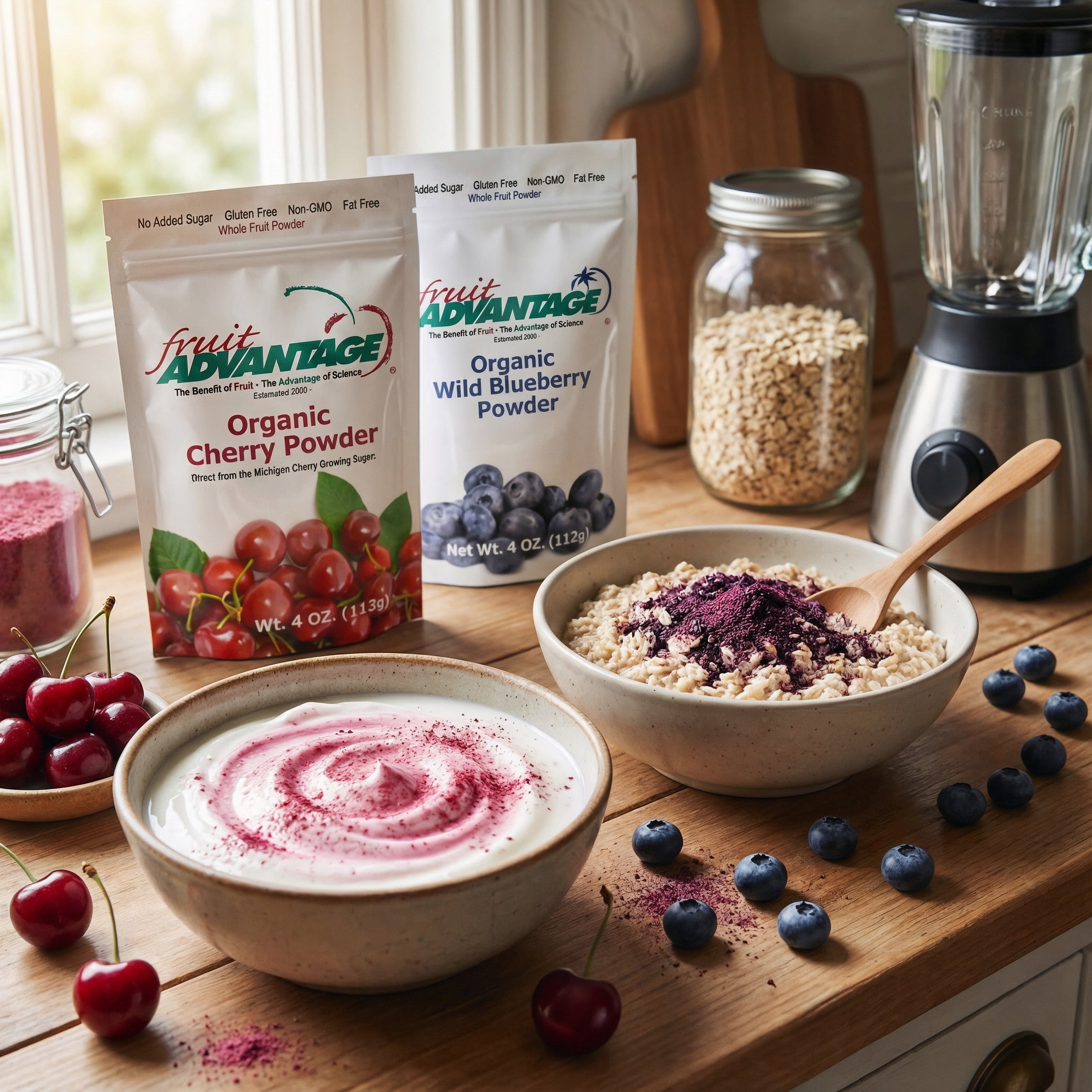 Organic Tart Cherry and Blueberry Powders. Whole-fruit antioxidant powders for smoothies and health recovery by Fruit Advantage.