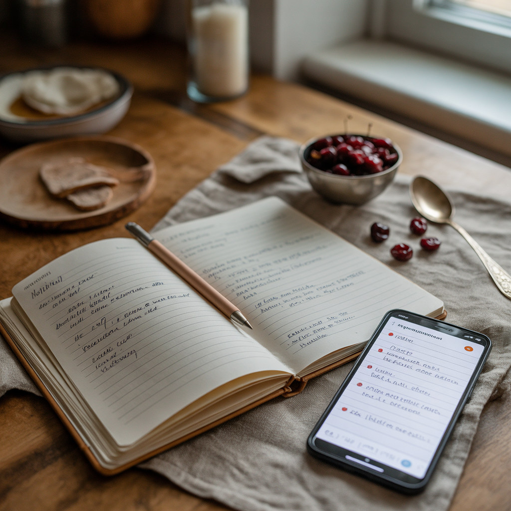 Open notebook with writing, smartphone, Traverse Bay Farms Orchard Lens App.