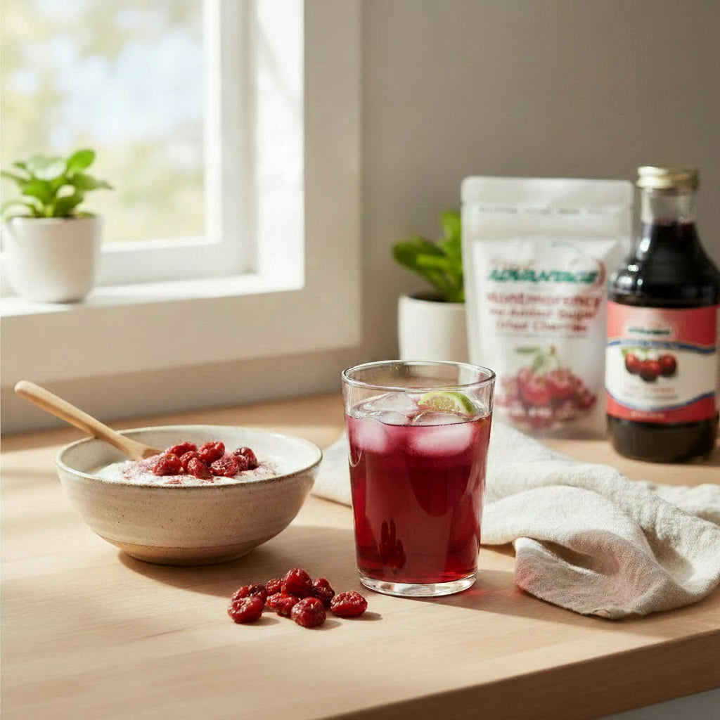 Starting a healthy morning routine with a serving of Traverse Bay Farms sediment free, tart cherry juice concentrate in glass bottles to prevent plastic leaching for energy and natural antioxidants.