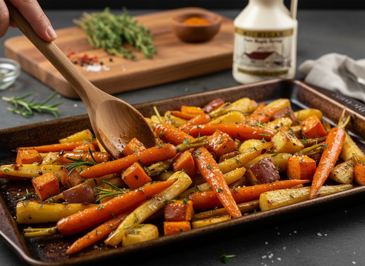 Roasted vegetables on a baking tray with a wooden spoon, surrounded by herbs and a bottle of Traverse bay Farms maple syrup.
