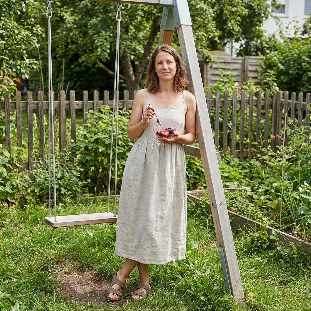 Woman in a garden holding a bowl of fruit next to a swing set.