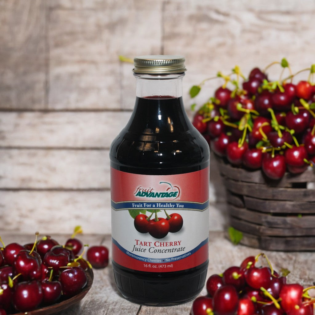 Fruit Advantage 100% Pure Montmorency Tart Cherry Juice Concentrate in a 32oz glass bottle. Michigan-grown, sediment-free, 100 cherries per serving.