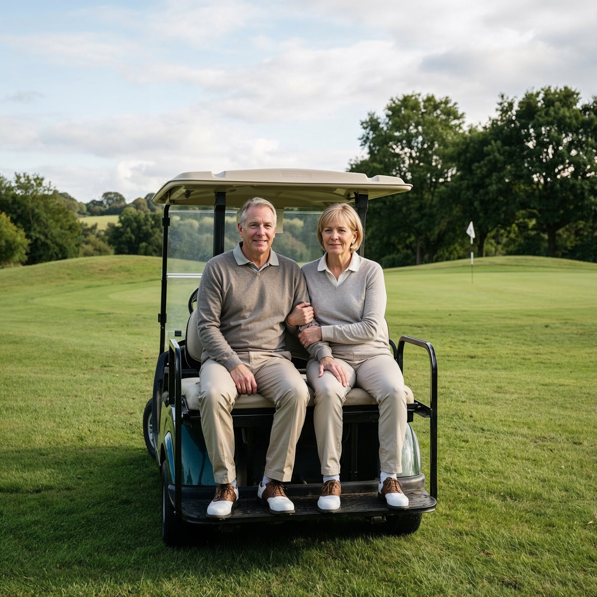 Two people sitting in a golf cart on a golf course