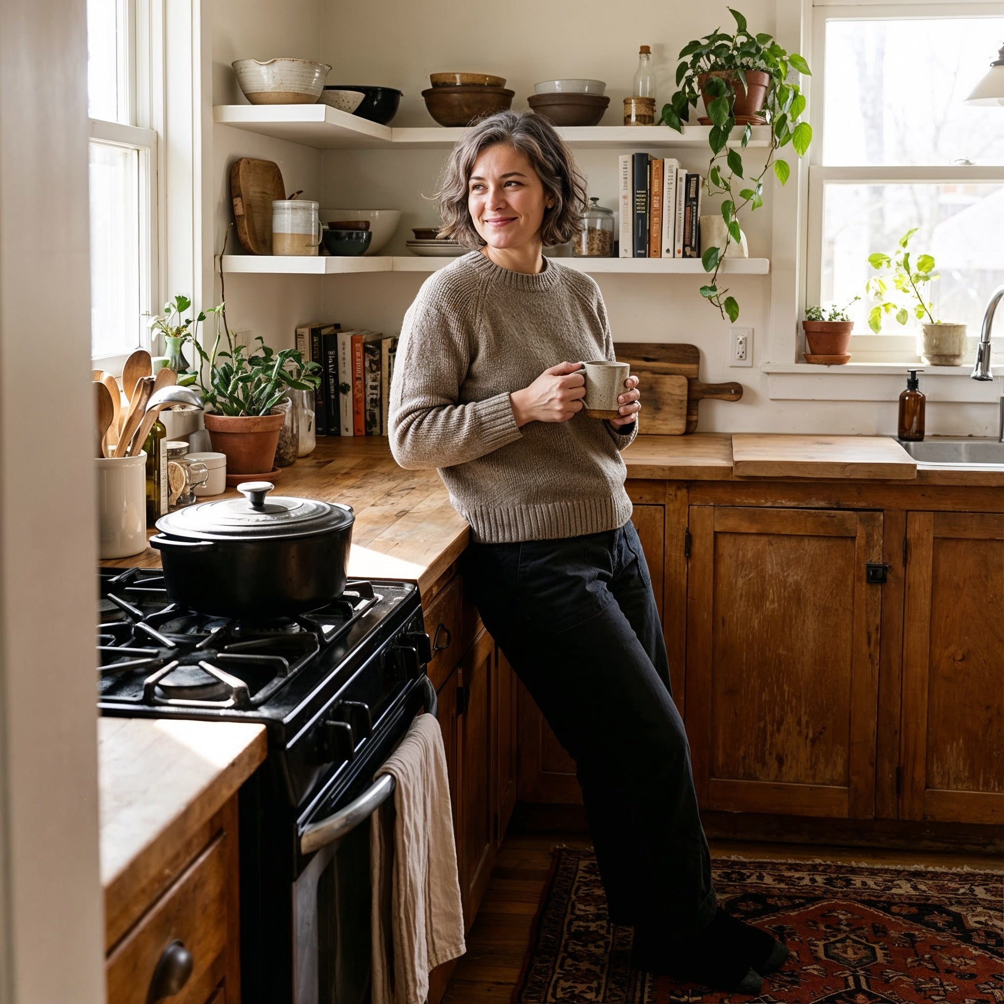 Woman standing in a cozy kitchen holding a mug